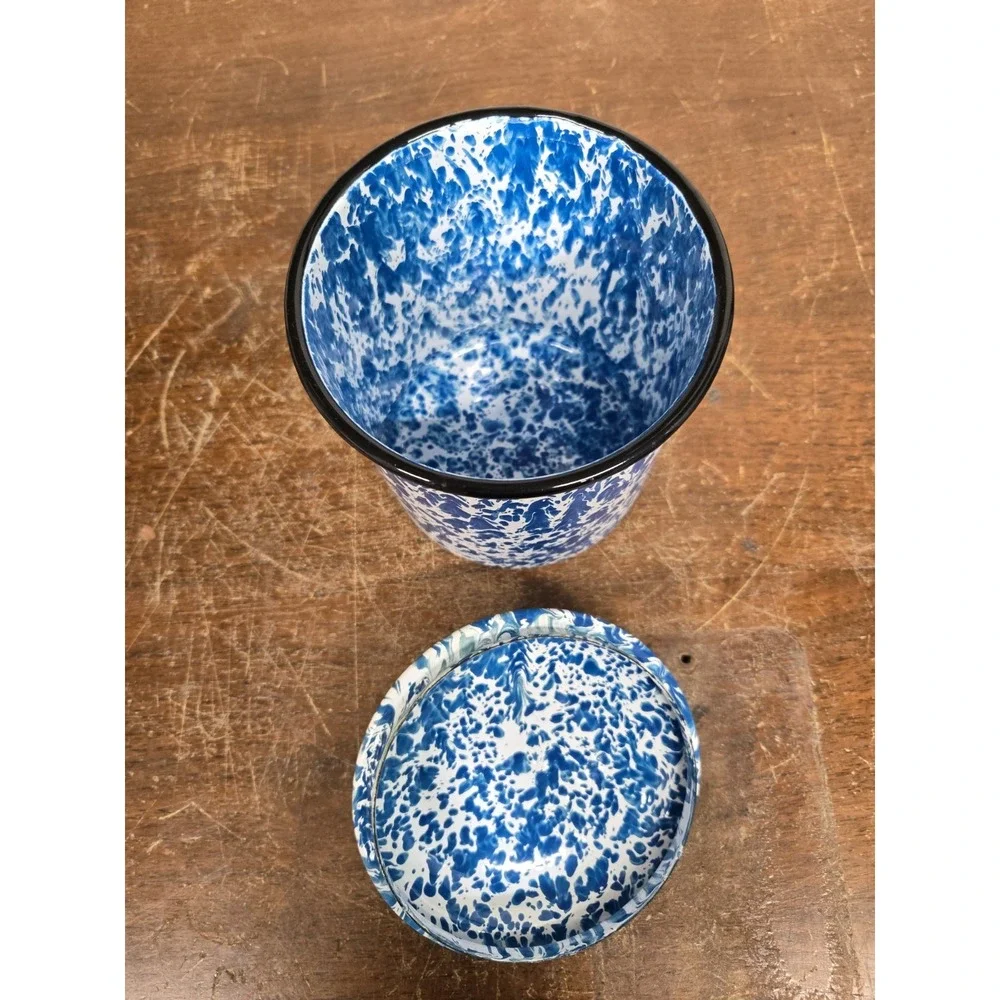 Vintage Blue White Splatter Enamelware Canister Set of 4 Lidded Nesting